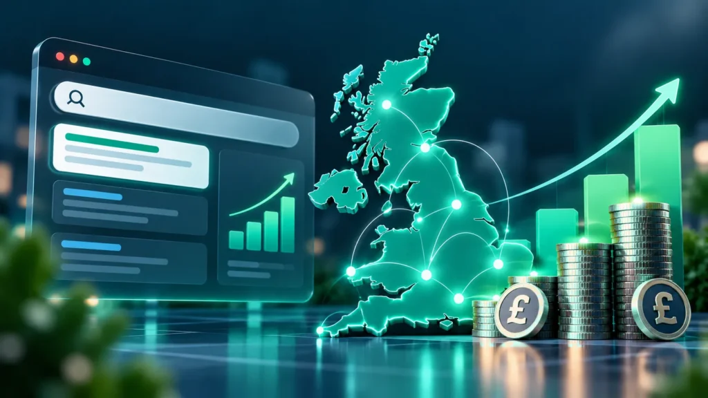 Search results beside stacks of pound coins and a map of the UK
