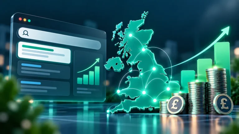 Search results beside stacks of pound coins and a map of the UK