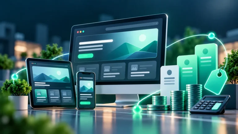 A website shown on a desktop, tablet and phone beside coins and a calculator