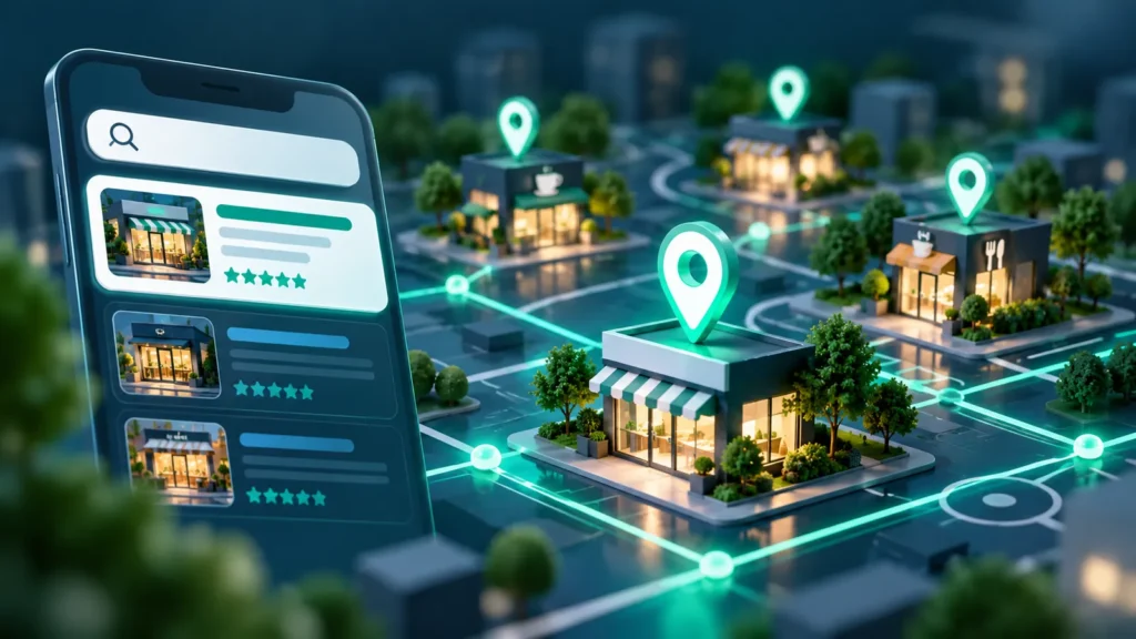 A phone showing local search results above a map of shops marked with location pins