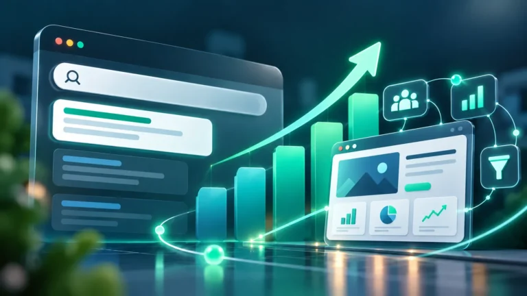 Search results beside a rising chart and a website dashboard